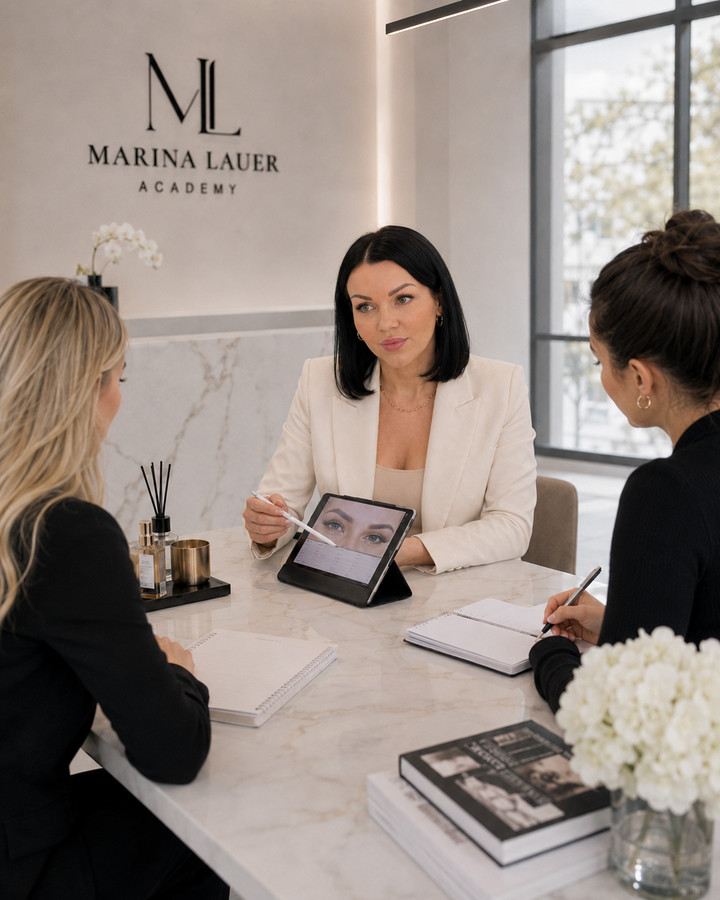 Marina Lauer erklärt zwei Teilnehmerinnen Lash Mapping am Tablet